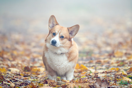 Corgis on an autumn walk in the parkの写真素材