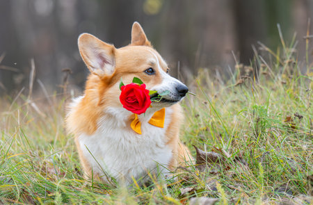 A portrait of a corgi with a rose in the park for the holidayの写真素材