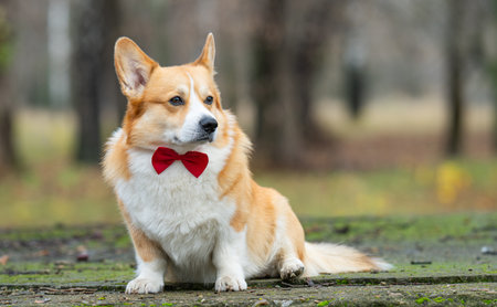 Portrait of a corgi with a red bowの写真素材