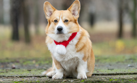 Portrait of a corgi with a winter red scarf outdoorsの写真素材
