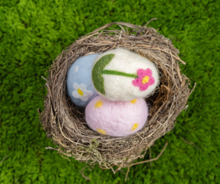 Easter eggs and a bird's nest on a green backgroundの写真素材