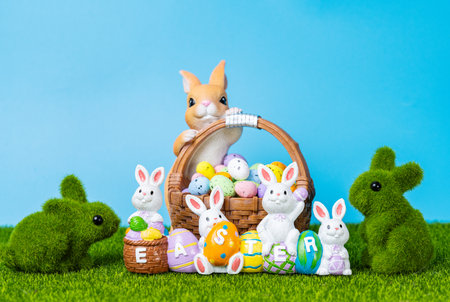 beautiful Easter decoration of bunnies on green grassの写真素材