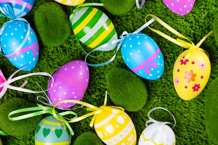 festive background of Easter eggs close-up