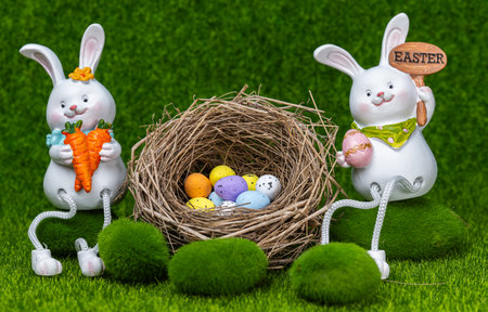 beautiful Easter decoration with bunnies and eggs.の写真素材