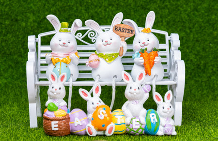 beautiful Easter decoration with bunnies and eggs.の写真素材