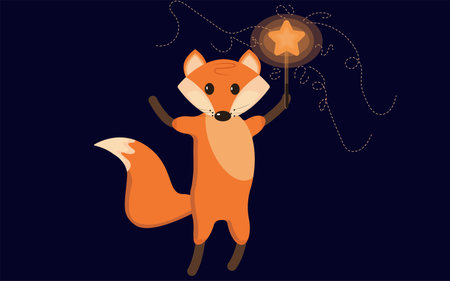 Cute orange cartoon fox with magic wand