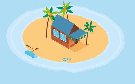 Isometric wooden house by the sea near palm trees.のイラスト素材