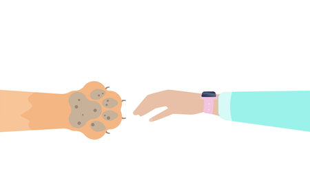 The dogs paw reaches for the mans hand. Dogfriendlyのイラスト素材