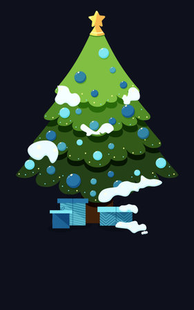 Christmas tree with snow, decorations and gifts.Celebrating Christmas and New Yearsのイラスト素材