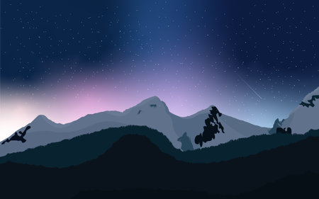 Landscape with silhouettes of mountains and forest at night.のイラスト素材