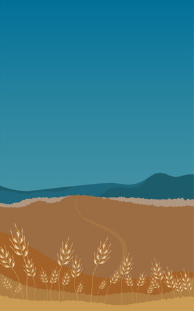 Rural landscape with wheat field and the blue sky on background.のイラスト素材