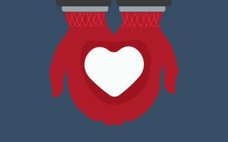 Hands hold a heart made of snow.Winter mood.Warm mittensのイラスト素材