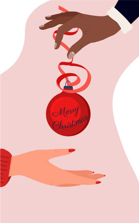 Christmas ball, a man gives a Christmas tree decoration to a woman. Two hands.のイラスト素材