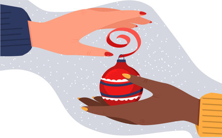 Christmas toy.Woman gives a gift to her friend. 2 hands. Festive moodのイラスト素材