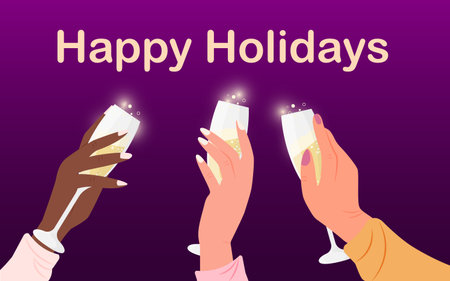 Three hands holding champagne glasses Happy Holidays.のイラスト素材