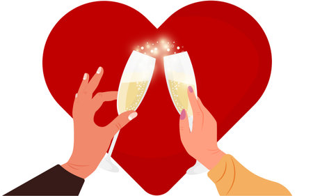 The hand of a man and a woman are holding a glass of champagne against the background of a heart. Vector illustrationのイラスト素材