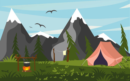Adventure Camping Day Scene. Tent, campfire, pine forest and rocky mountainsのイラスト素材