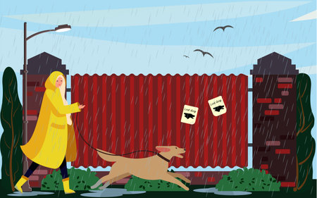 A woman walks with a dog in the park in the rain. Active recreation concept.のイラスト素材