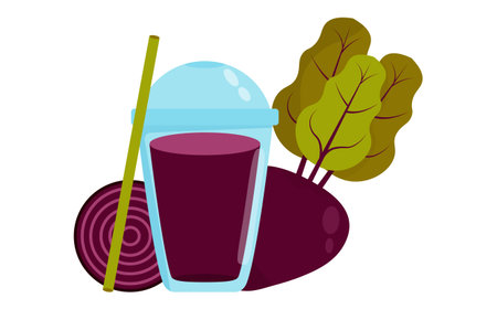 Juice of beet on white background.glass of drink.Vegetable whole and half.のイラスト素材
