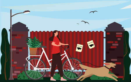 A woman walks with a dog in the park. Active recreation concept.のイラスト素材