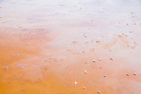 Lake Koyashskoye. Salt islands are visible in the pink-orange water. Background.の写真素材