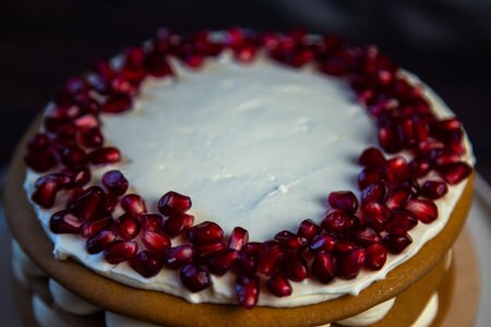 Cake with sponge cakes, decorated with white cream and pomegranate seeds on top in a circle, layers of cream are visible in circles on the side, a close-up view from the side. High quality photoの写真素材