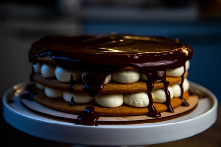 A cake with brown honey cakes, white cream and poured on top with dark chocolate, which flows down the sides, stands on a white stand on a dark background. High quality photoの写真素材