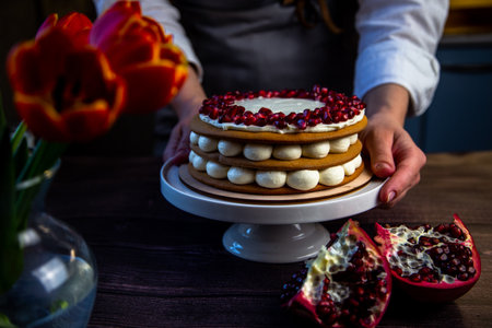 The cake stands on a white stand, decorated with cream and pomegranate on top, it is held by the hands of a pastry chef, there is a pomegranate next to it and there are flowers on a dark background. High quality photoの写真素材