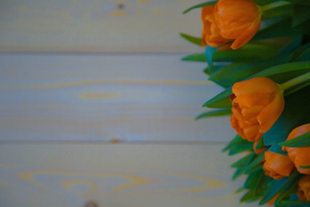 Orange tulips with green leaves lie on the side on a wooden background. High quality photoの写真素材
