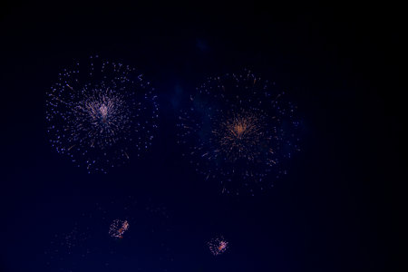Bright fireworks with purple and blue sparks on the background of the night sky. High quality photo