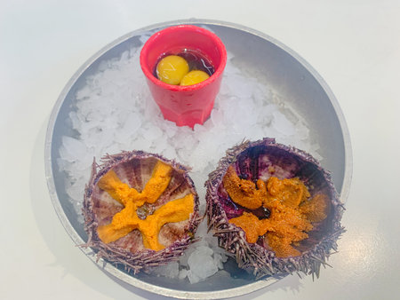 Two sea urchins with a cut shell and caviar inside in the shape of a star are lying on ice, next to...