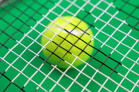 A yellow lawn tennis ball is large under the net of a lawn tennis racket on a green background. The concept of sports and games. . High quality photoの写真素材