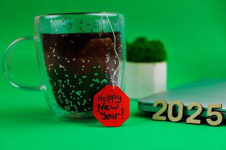 In the foreground of the photo, on the side, there is a transparent mug with a glitter handle with...