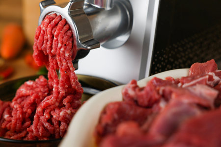 The concept of healthy and proper nutrition, cooking.On the left is red ground beef with fat streaks...