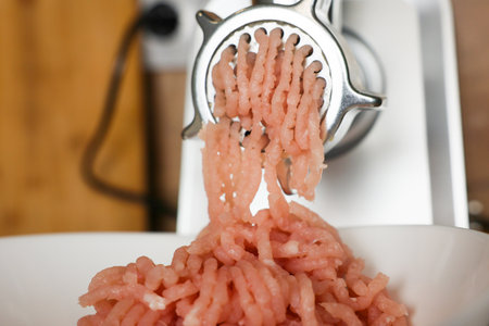 Close-up view: pink minced turkey comes out of a metal meat grinder and sinks into a white plate on a wooden background. The concept of dietary recipes, proper and healthy nutrition, the cooking process. High quality photoの写真素材