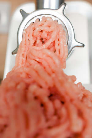 Close-up of pink minced turkey comes out of a metal meat grinder. The concept of dietary recipes,...