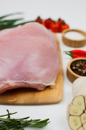 Vertical close-up photo of side view of a piece of turkey fillet brisket lying on a wooden cutting board on a white background surrounded by seasonings, herbs and vegetables. The concept of healthy eating, dietary and natural products, cooking. High quality photoの写真素材