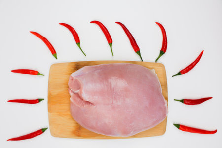 Close-up of raw turkey fillet lying on a wooden cutting board, surrounded by red hot chili peppers on a white background. The concept of dietary dishes, healthy and natural products. High quality photoの写真素材