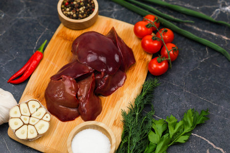 Top view of raw chicken liver on a wooden board surrounded by red hot peppers, garlic, tomatoes, seasonings and salt in wooden bowls and herbs on a dark background. The concept of healthy eating, cooking, pate recipe. High quality photoの写真素材