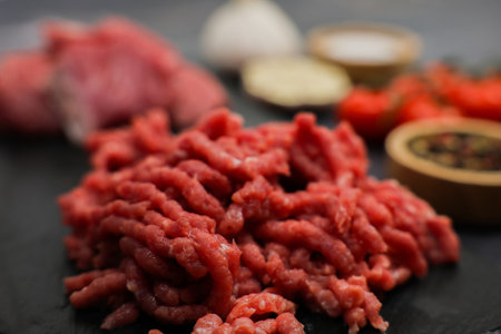 Close-up of raw red ground beef minced in a meat grinder lying on a black board, surrounded by...