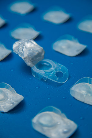 Vertical photo of a layout of disposable contact lenses in containers lying with an open one...