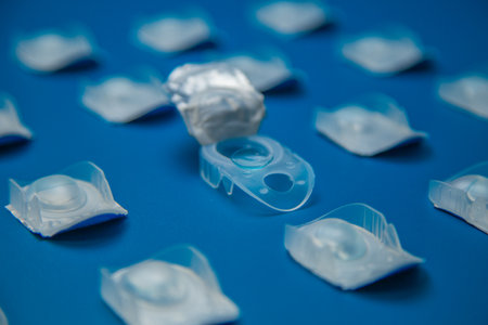 Side view in focus is an open container with contact lenses on top of which lies a transparent blue lens against a background of contact lens containers on a blue background. Concept of vision correction, ophthalmology, myopia and hyperopia. High quality photoの写真素材