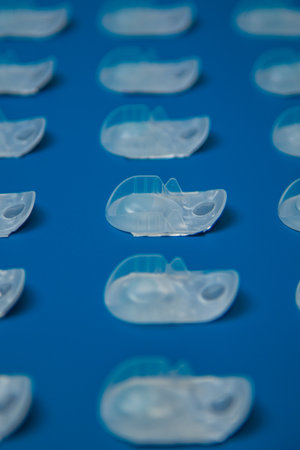 Side view pattern of disposable contact lens containers lying in a row at the same distance on a...