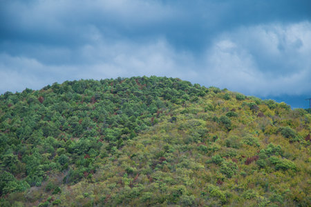 The bright green hillside contrasts with the dark, dramatic clouds above, highlighting the natural...