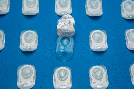 A top view of a layout of disposable contact lenses in containers lying with an open single...