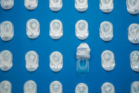 Top view of the pattern in focus is an open container with contact lenses on top of which lies a...