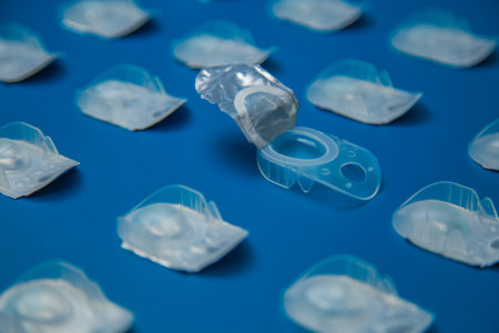 Side view in focus is an open container with contact lenses on top of which lies a transparent blue...