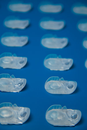 Side view horizontal photo pattern disposable containers with contact lenses lying in a row at the same distance, front in focus on a blue background. Concept of vision correction, ophthalmology, myopia and hyperopia. High quality photoの写真素材