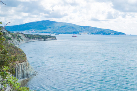 The view of the coast showcases vibrant greenery and rocky cliffs meeting calm blue waters, creating a peaceful atmosphere that highlights natural beauty and tranquility. High quality photoの写真素材