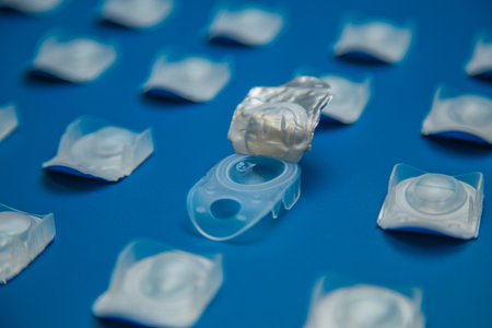 Side view in focus is an open container with contact lenses on top of which lies a transparent blue lens against a background of contact lens containers on a blue background. Concept of vision correction, ophthalmology, myopia and hyperopia. High quality photoの写真素材